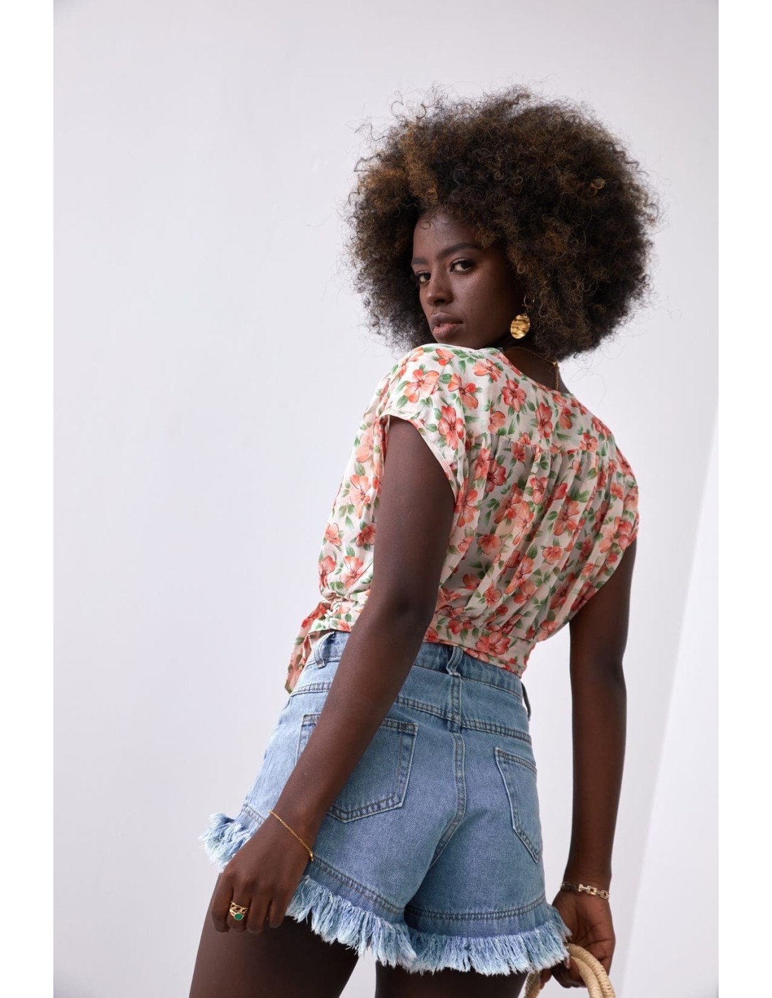 Chiffon blouse with ties in a floral print, beige and coral 20450 - Online store - Boutique